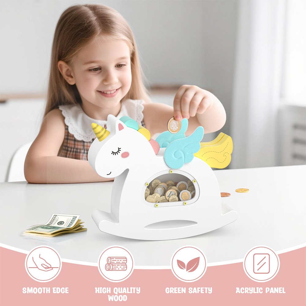 A smiling young girl playing with her white unicorn piggy bank. Infographic highlighting child-safe features: smooth edges, premium wood, eco-friendly materials, and a durable acrylic panel.