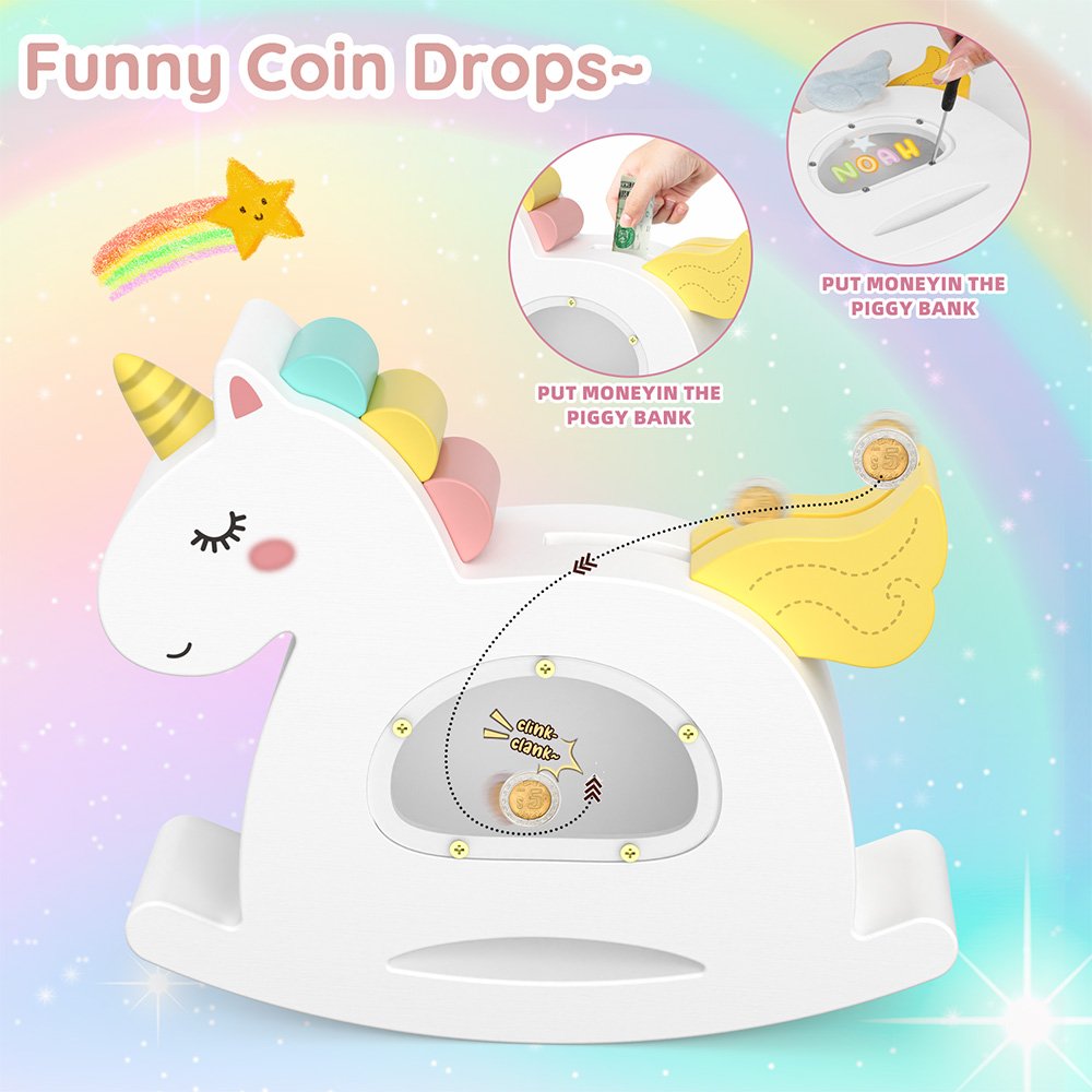 Feature guide for the rocking unicorn wooden bank. Shows the fun rocking base design, dual slots for coins and folded bills, and DIY sticker decoration options.