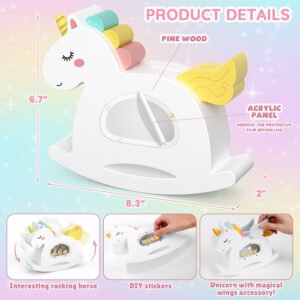 Detailed dimensions of the unicorn wooden piggy bank, measuring 8.3 inches wide and 6.7 inches tall. Crafted from high-quality pine wood with a clear acrylic viewing window.
