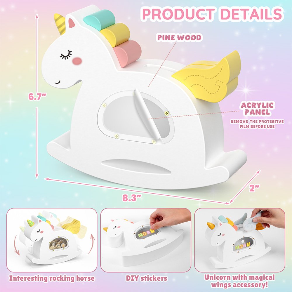 Detailed dimensions of the unicorn wooden piggy bank, measuring 8.3 inches wide and 6.7 inches tall. Crafted from high-quality pine wood with a clear acrylic viewing window.