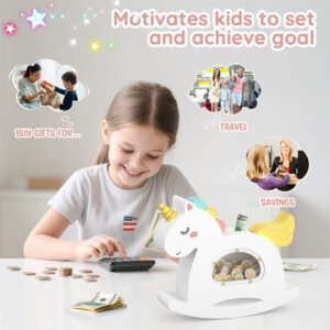 A happy girl counting her allowance next to her unicorn savings bank. This educational toy motivates children to set financial goals for travel, gifts, and future savings.