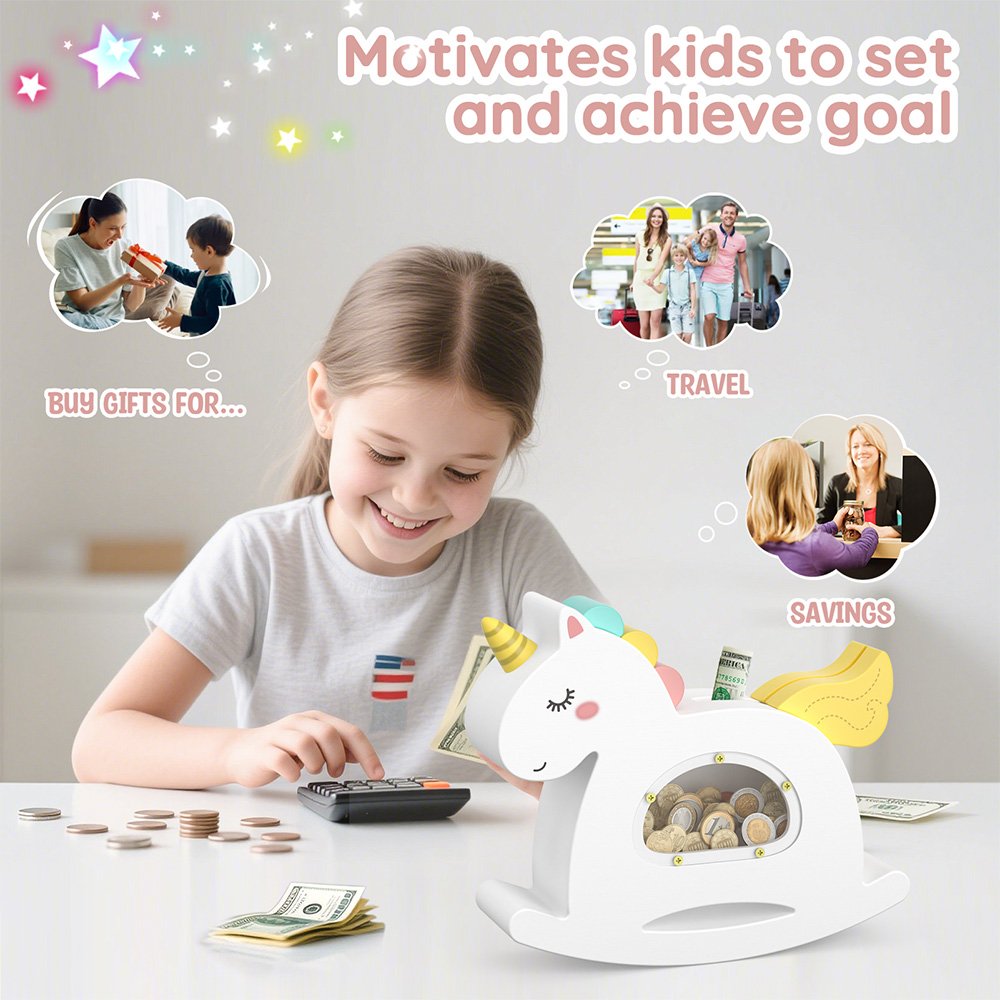 A happy girl counting her allowance next to her unicorn savings bank. This educational toy motivates children to set financial goals for travel, gifts, and future savings.