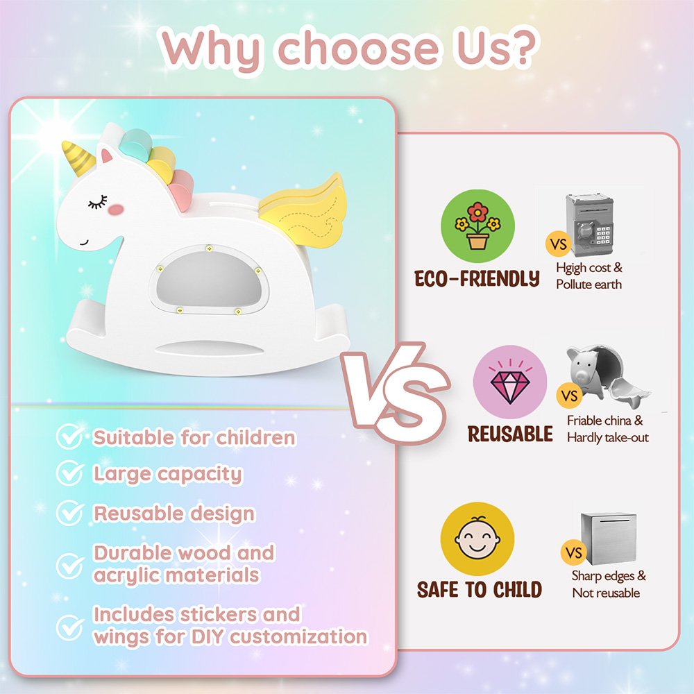 Comparison chart explaining why to choose a wooden unicorn bank. It highlights the eco-friendly, reusable, and shatterproof design as a safe upgrade from fragile traditional ceramic piggy banks.