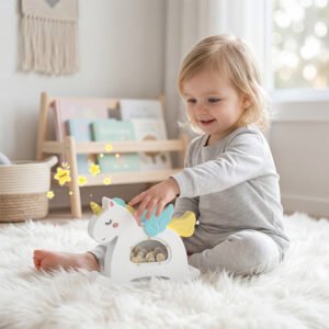 A joyful toddler girl playing with a white unicorn wooden piggy bank on a plush rug. It serves as both a practical savings tool and beautiful, magical nursery room decor.