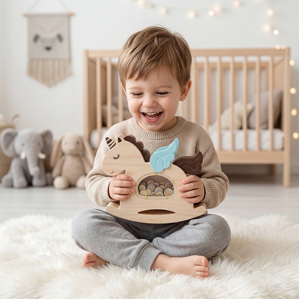 A happy young boy holding his natural wood rocking unicorn coin bank in a cozy bedroom. A timeless, gender-neutral educational gift for toddlers and young children.
