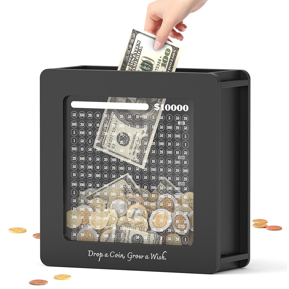 A sleek black wooden money box being filled with paper currency, a great modern savings challenge tool for teenagers and men.