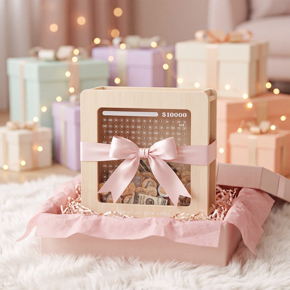 The clear wooden money tracker bank beautifully presented in a pink gift box with a ribbon, making it an aesthetic birthday or holiday gift.