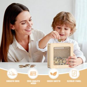 A mother teaching her son about financial literacy using a safe, smooth-edged wooden money box to track their family savings goals.