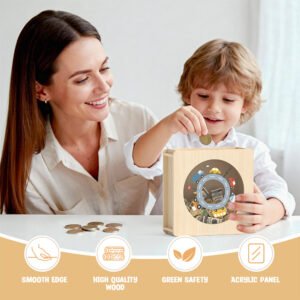 A mother and son smiling together as the boy drops a coin into his educational car themed coin bank, highlighting the smooth edges and safe materials.
