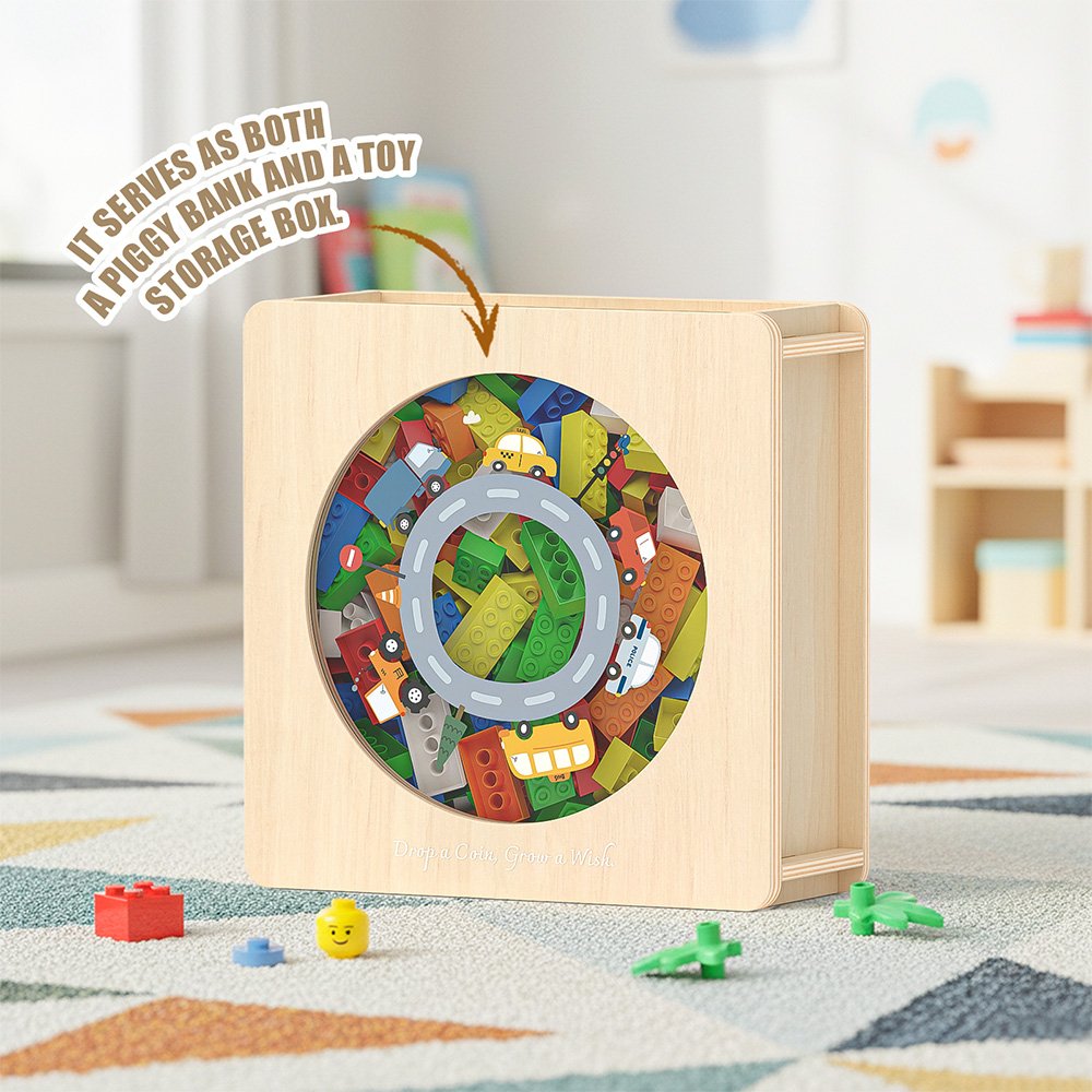 The versatile natural wood bank being used as a toy storage box, filled with small colorful toy cars visible through the clear window.