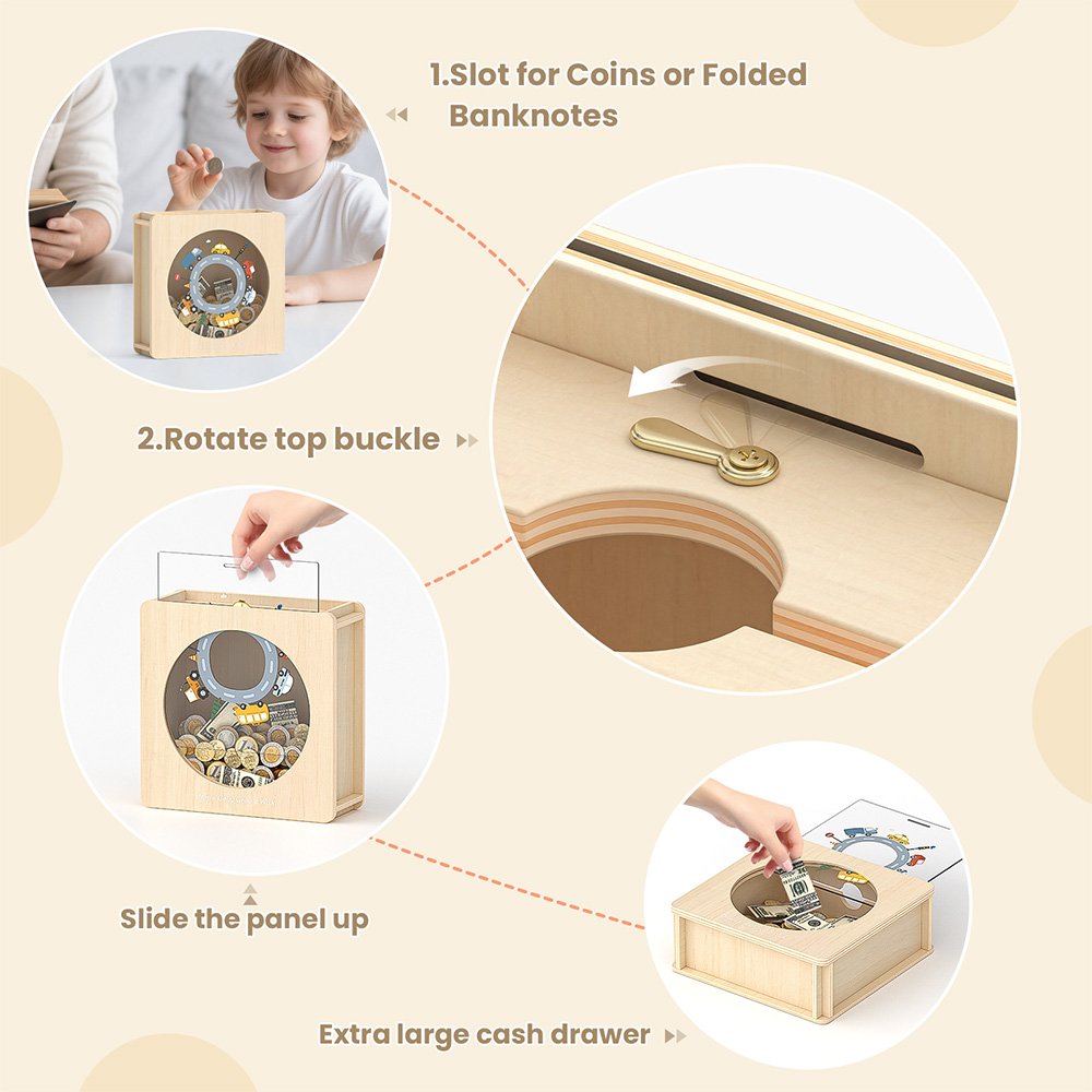 Detailed view of the secure sliding acrylic panel and wide top coin slot on the natural wood car themed money box.