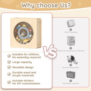Comparison infographic showing why our durable wooden kids savings bank is better than breakable ceramic or small tin money boxes.