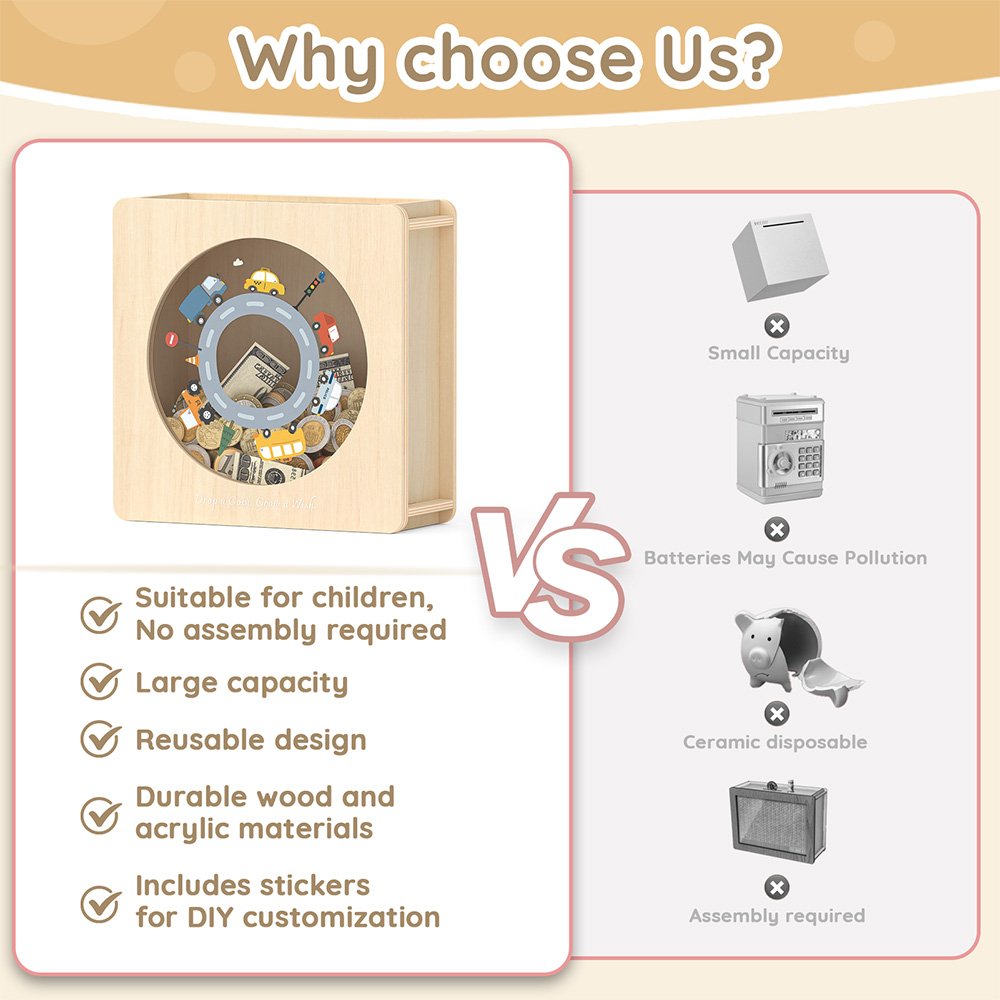 Comparison infographic showing why our durable wooden kids savings bank is better than breakable ceramic or small tin money boxes.