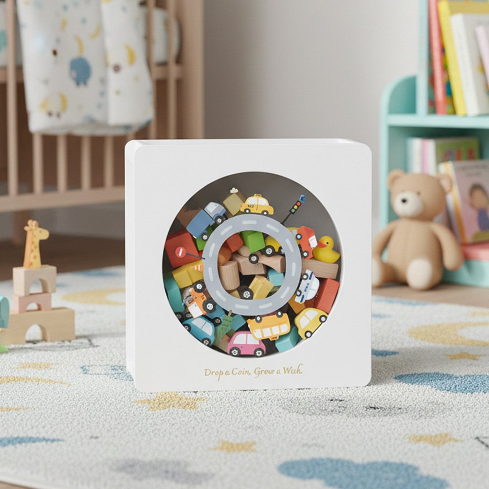 A white square money box featuring a race track design, sitting on a play mat as stylish boys nursery decor.
