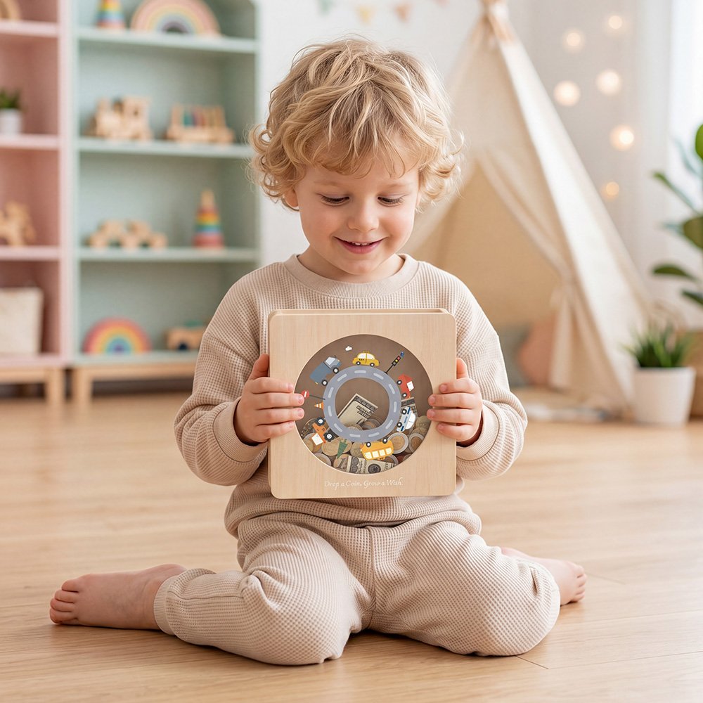 A happy toddler boy sitting in his playroom holding his new wooden car theme piggy bank, a perfect educational gift for boys.