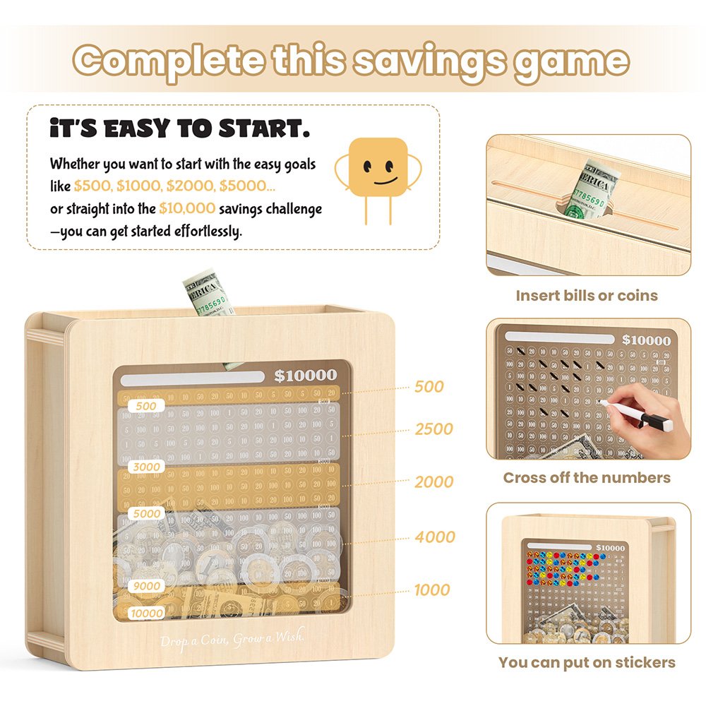 Instructions for the money saving challenge game: insert cash, use a marker to cross off numbers on the acrylic panel, and visually track your target goal.
