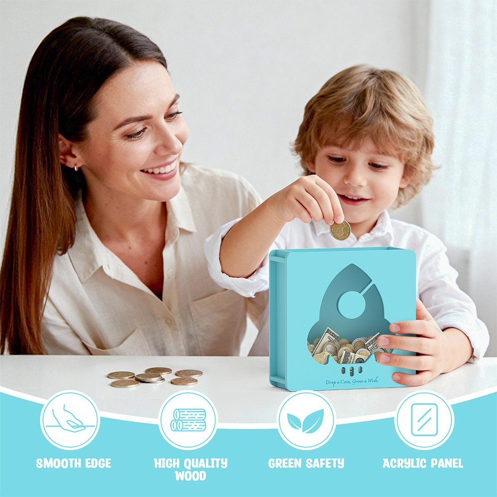 A mother and son learning about saving money together using the safe, smooth-edged rocket ship bank, making financial education fun for toddlers.