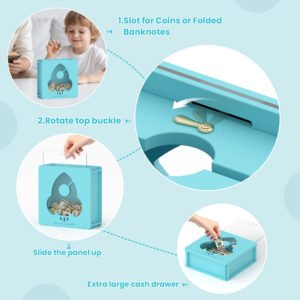 Step-by-step guide on how to insert coins or folded banknotes, and easily open the reusable space rocket savings bank by sliding up the front panel.