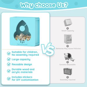 Comparison chart showing why our durable, reusable kids rocket coin bank is a much better and safer choice than easily breakable ceramic piggy banks.