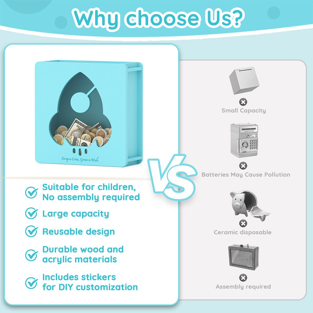 Comparison chart showing why our durable, reusable kids rocket coin bank is a much better and safer choice than easily breakable ceramic piggy banks.