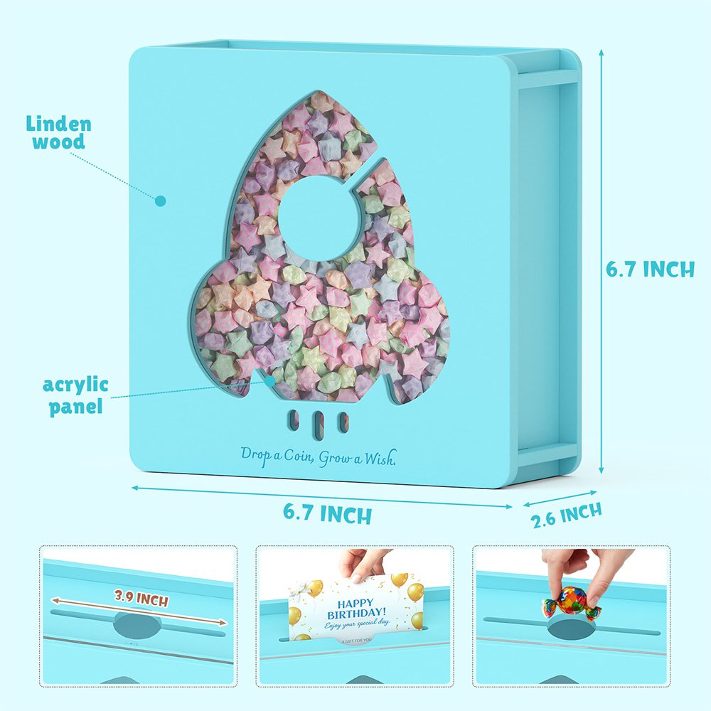 Product size dimensions and material details for the blue wooden spaceship money box, highlighting the shatterproof clear acrylic window shaped like a rocket.