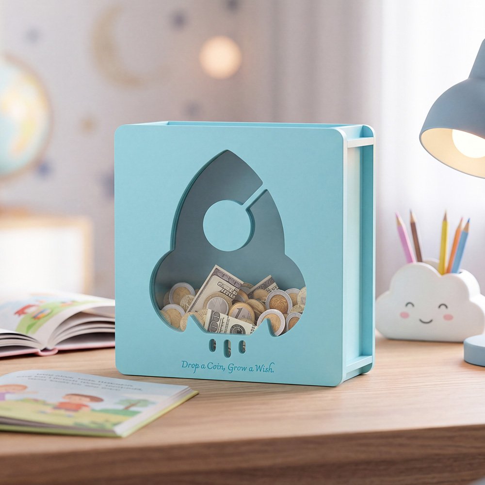 A light blue rocket piggy bank sitting on a child's desk, serving as perfect outer space themed bedroom decor and inspiring dreams of astronomy.