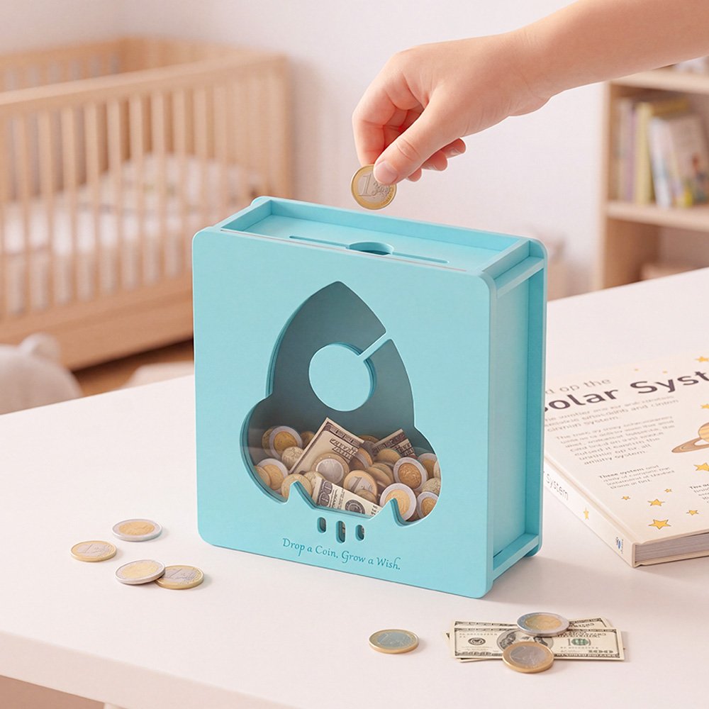 Dropping a coin into the light blue rocket piggy bank, a beautiful addition to a baby's space theme nursery decor and a thoughtful toddler gift.