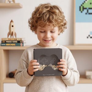 A happy young boy holding his new black video game controller piggy bank in his gaming themed bedroom, a perfect gamer gift.