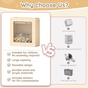 Comparison chart showing the benefits of our reusable wooden coin bank with large capacity versus traditional breakable single-use ceramic piggy banks.
