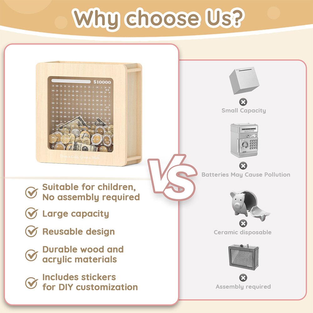 Comparison chart showing the benefits of our reusable wooden coin bank with large capacity versus traditional breakable single-use ceramic piggy banks.