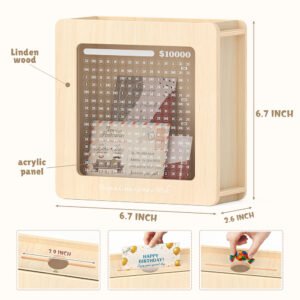 Product dimensions and material details for the clear wooden money box, featuring a solid wood frame and a shatterproof acrylic tracking panel.