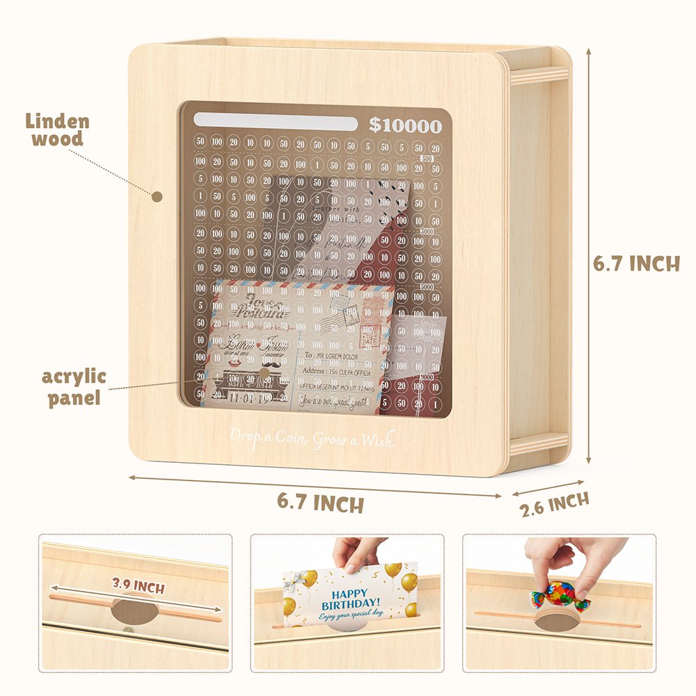 Product dimensions and material details for the clear wooden money box, featuring a solid wood frame and a shatterproof acrylic tracking panel.