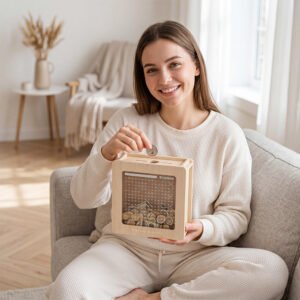 A smiling young woman sitting on a couch holding her wooden savings challenge box, a perfect budgeting tool to track financial goals.