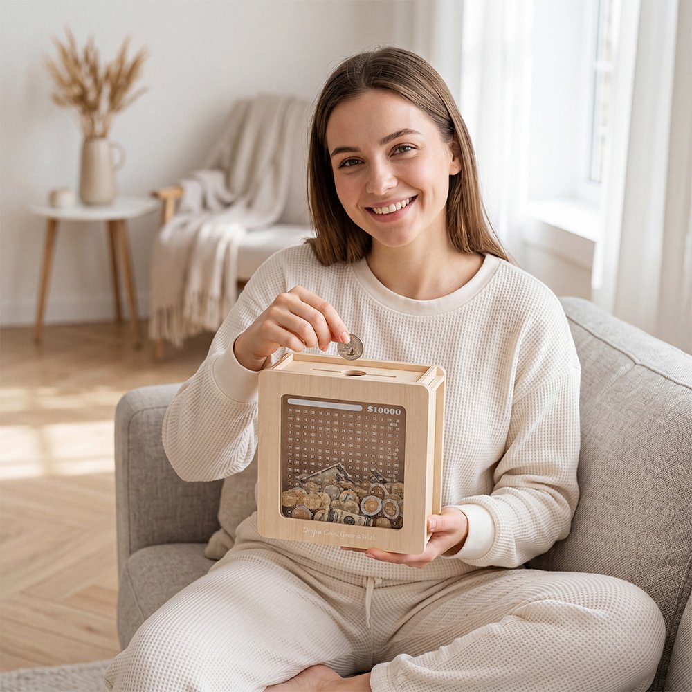 A smiling young woman sitting on a couch holding her wooden savings challenge box, a perfect budgeting tool to track financial goals.